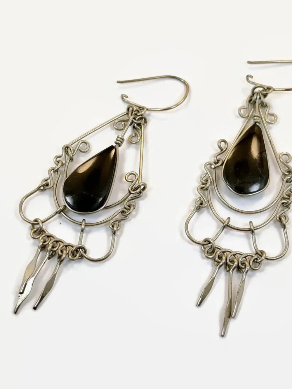 Peruvian Earrings, Vintage: Ethnic, Black, Silver, Boho, Long Dangles, Hippie